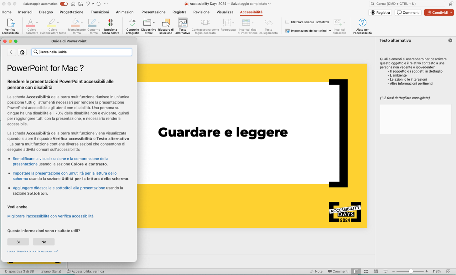 Schermata da PowerPoint, con gli strumenti di Accessibilità in primo piano: la casella di testo per il testo alternativo e la guida agli strumenti di accessibilità aperta sopra la finestra principale.