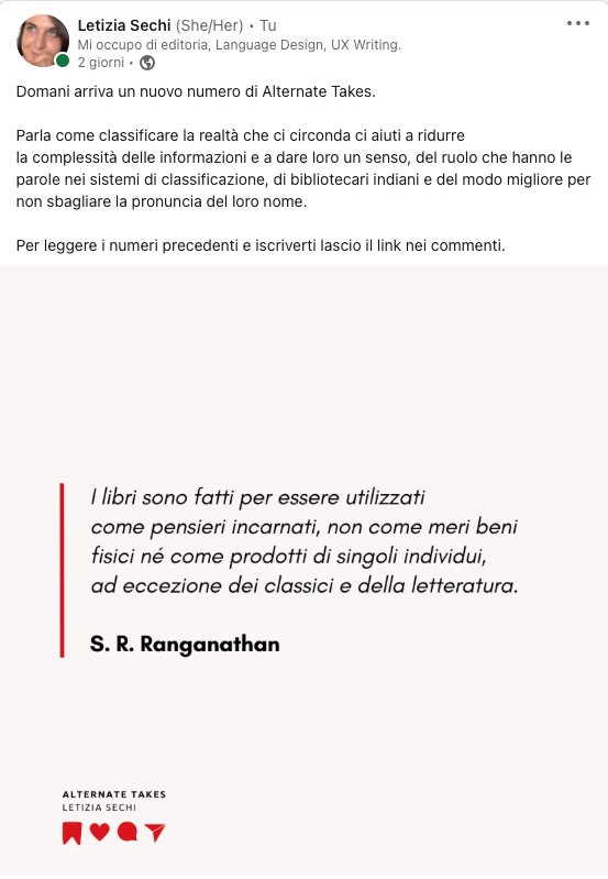 Il post su LinkedIn che annuncia l’uscita della scorsa newsletter.