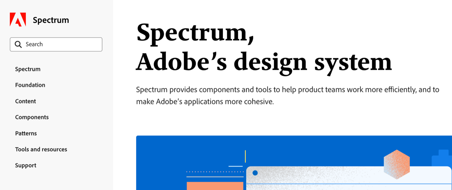 L’home page di Spectrum , il Design System di Adobe. Nel menu di navigazione vedi le parti che lo compongono, con una struttura abbastanza tipica.