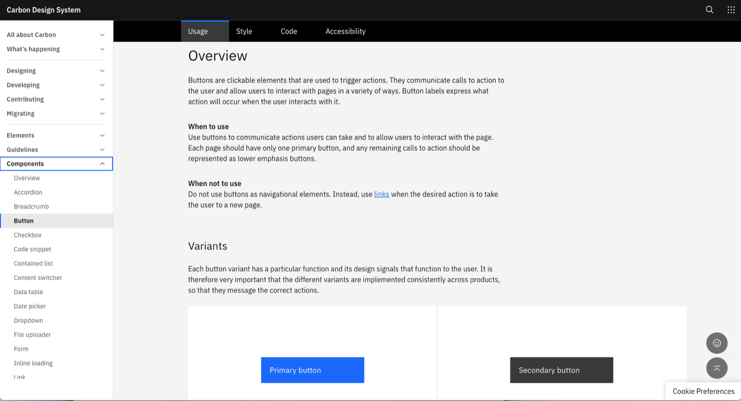 Una parte della sezione Usage del componente Button su Carbon , il Design System di IBM.