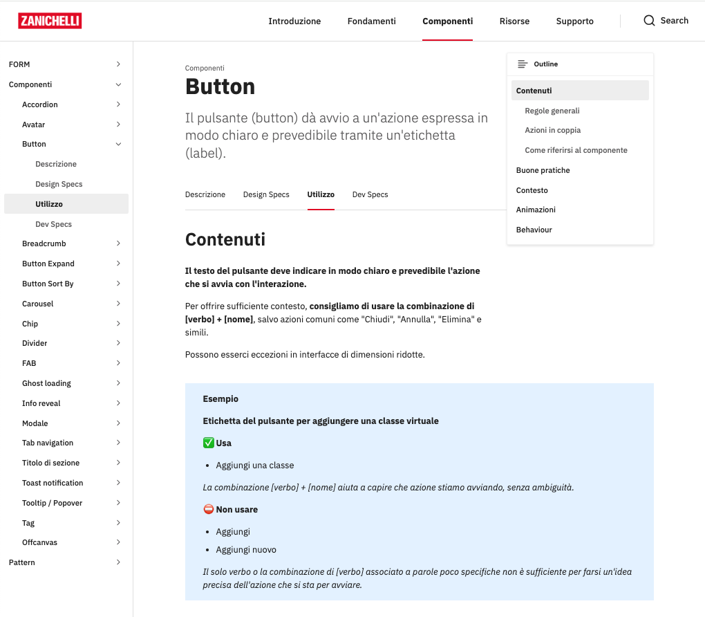 Una parte della sezione dedicata ai contenuti per il componente Button sul Design System di Zanichelli.