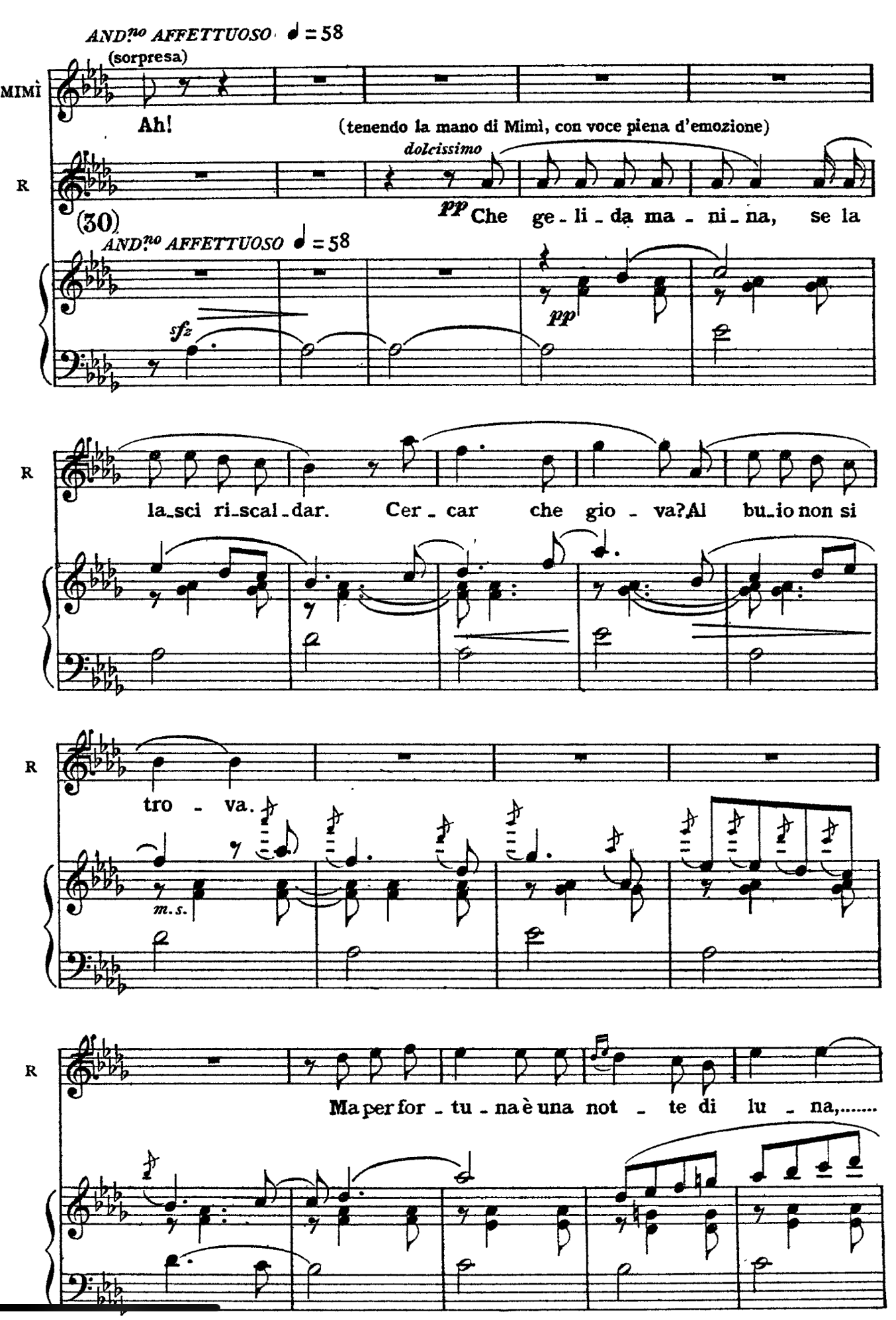 La parte del pianoforte gli ultimi due righi in basso accompagna la linea melodica del tenore. Le indicazioni sia di intensità che di tempo in questo caso andante “affettuoso” sono fondamentali per dare il carattere al brano, come anche le didascalie registiche rivolte al cantante e scritte di pugno dal compositore.