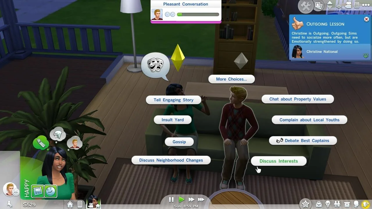 Un esempio di menu di interazione in The Sims 4, con anche il box delle notifiche aperto  fonte 