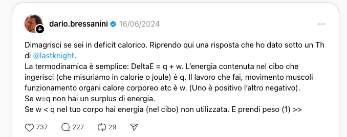 Il lungo thread di Dario Bressanini sulle regole della termodinamica del dimagrimento.