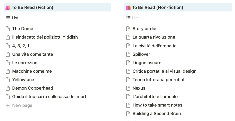 Le mie liste di libri da leggere, to be read, se vi piacciono gli anglosassoni, su Notion. Poi te lo spiego.