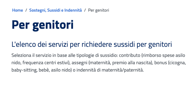 La pagina INPS per sostegni, sussidi e indennità per genitori.